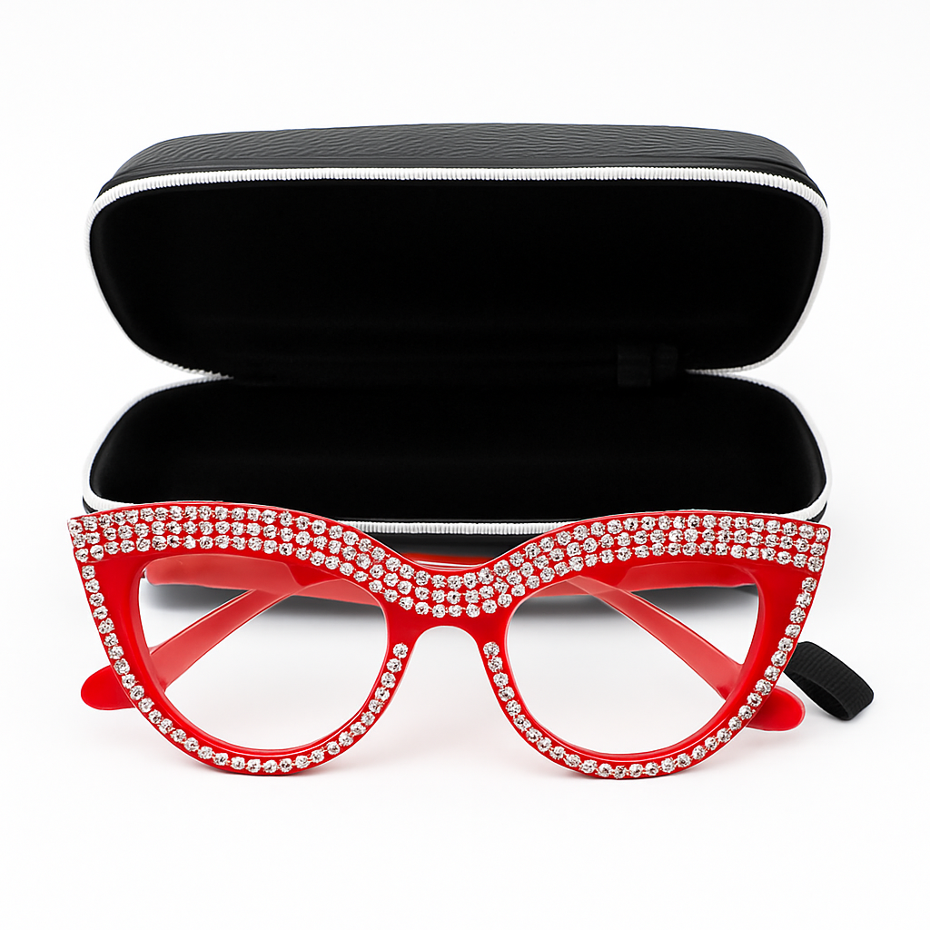 Red and Rimstone Glasses with Black Case